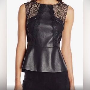 BCBGMAXAZRIA Women's Sleeveless Lace Trim Faux Leather Blouse Black Size S.